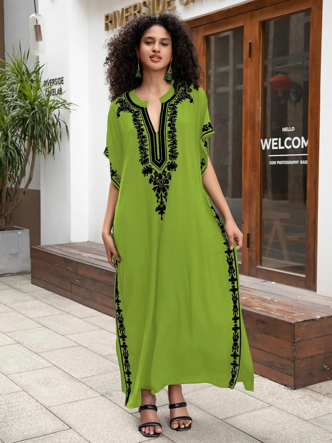 Women Embroidery Loose Kaftan Casual Beach Bathing Suit Cover Up Long Caftans Maxi Dress