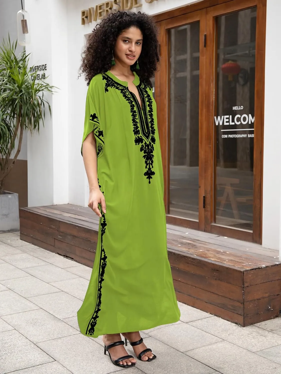 Women Embroidery Loose Kaftan Casual Beach Bathing Suit Cover Up Long Caftans Maxi Dress