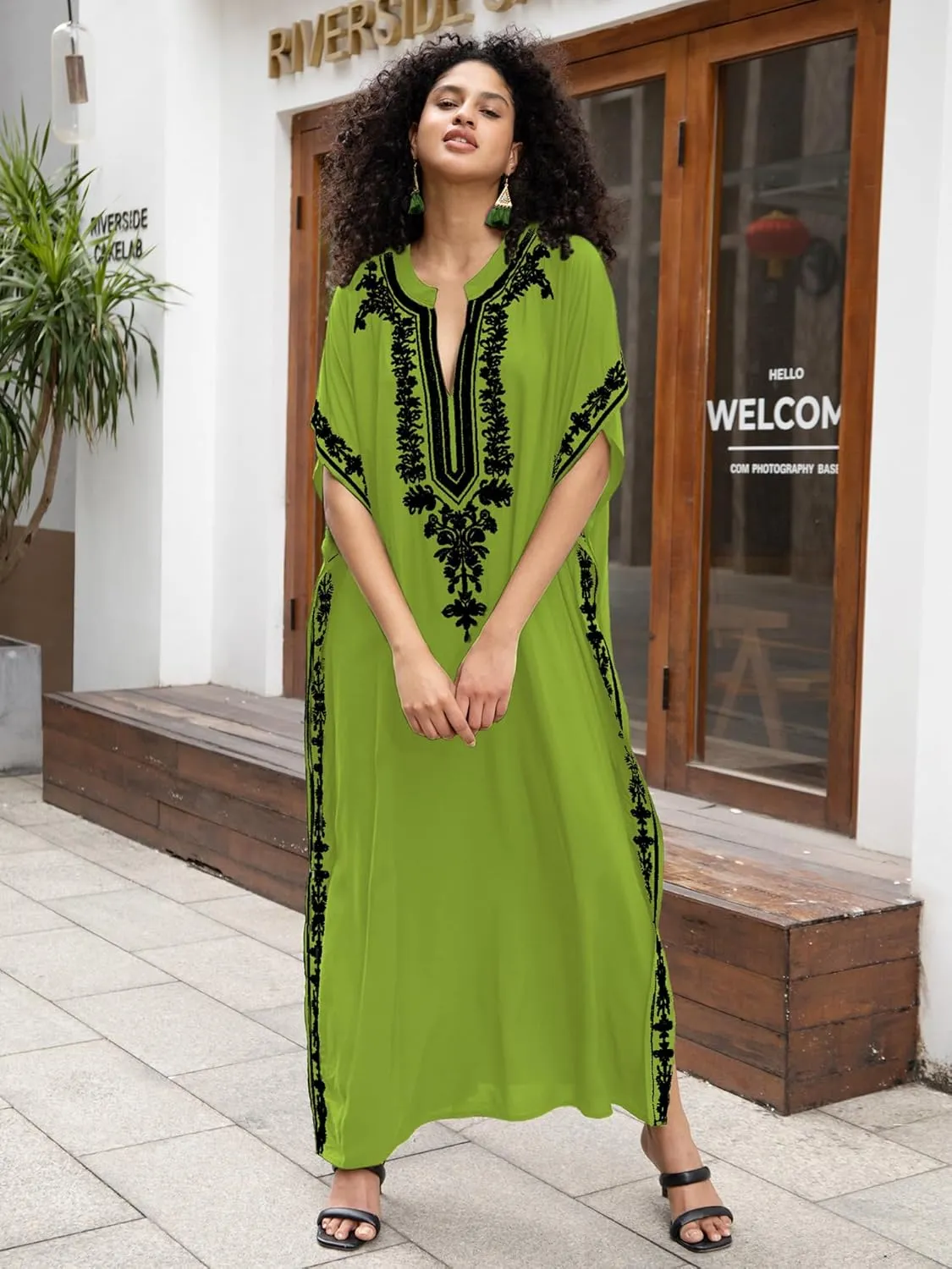 Women Embroidery Loose Kaftan Casual Beach Bathing Suit Cover Up Long Caftans Maxi Dress