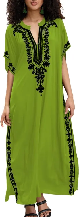 Women Embroidery Loose Kaftan Casual Beach Bathing Suit Cover Up Long Caftans Maxi Dress