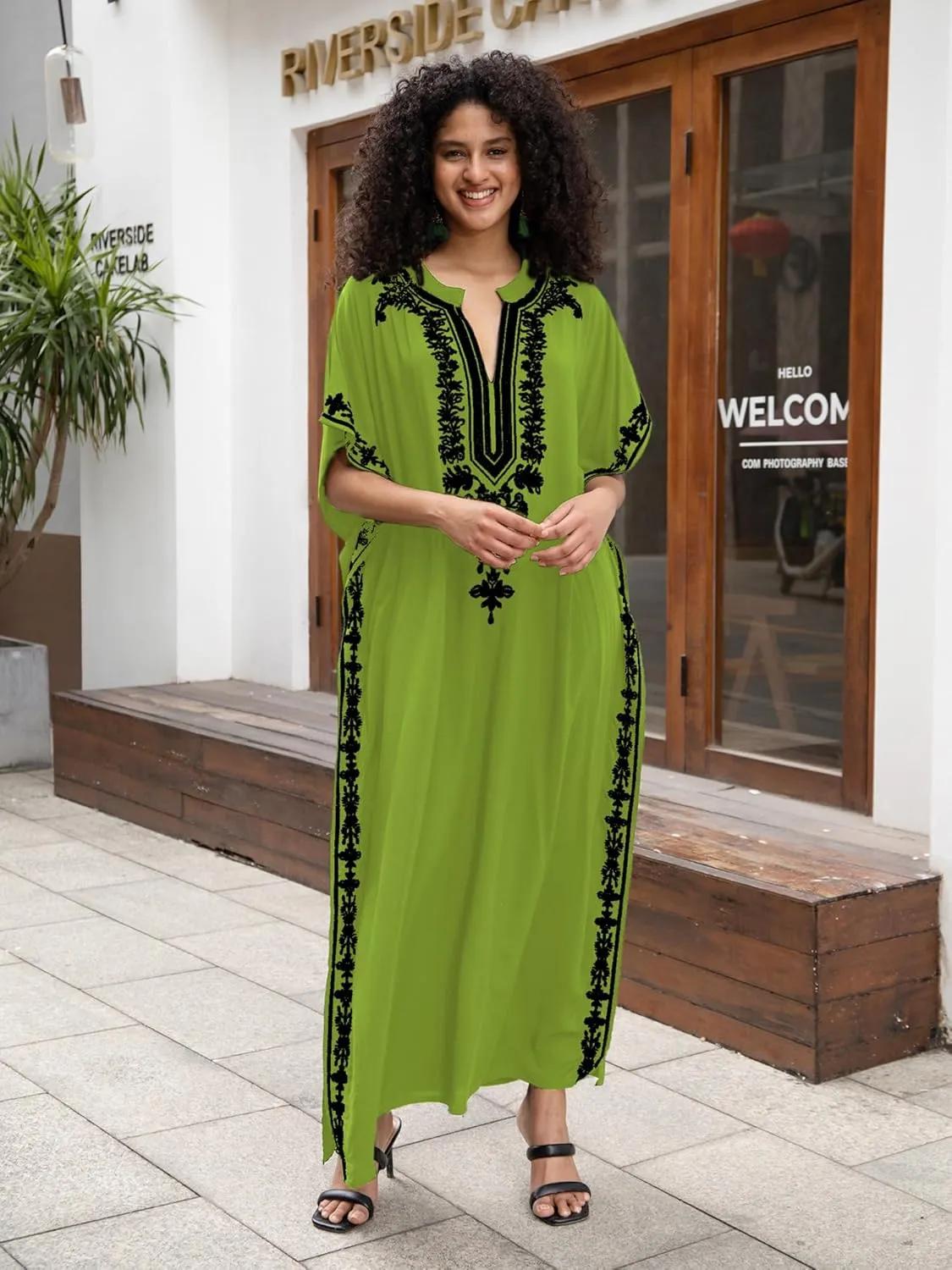 Women Embroidery Loose Kaftan Casual Beach Bathing Suit Cover Up Long Caftans Maxi Dress
