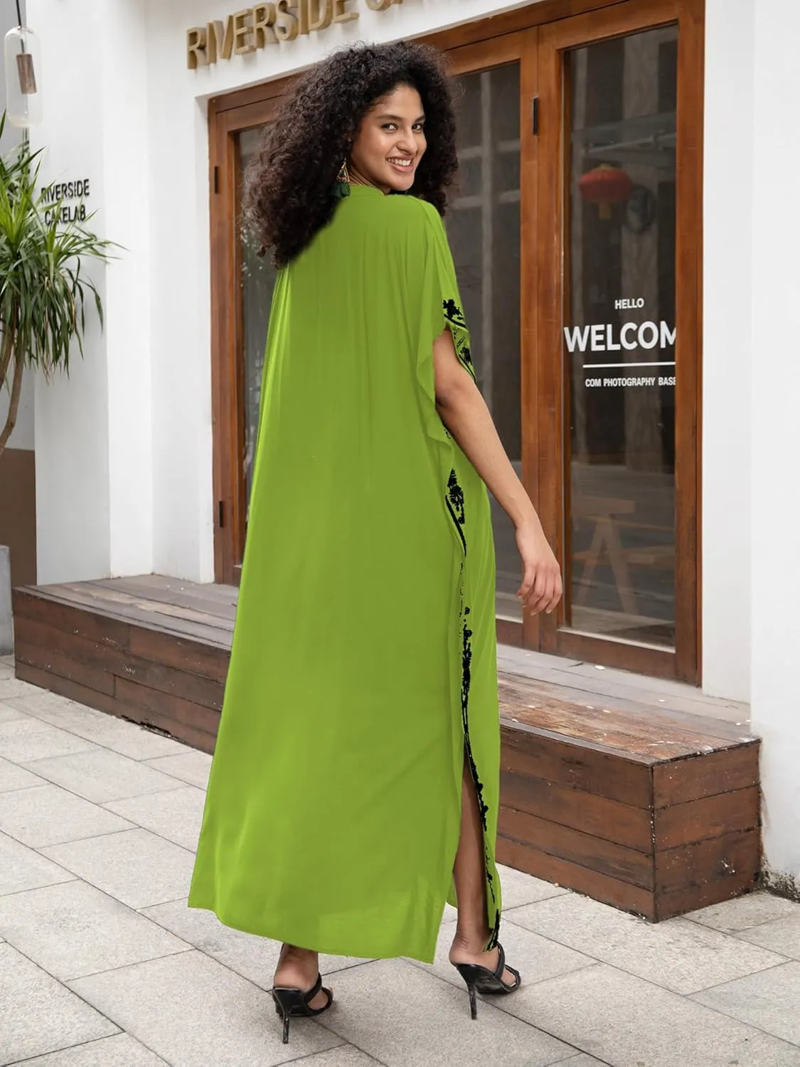 Women Embroidery Loose Kaftan Casual Beach Bathing Suit Cover Up Long Caftans Maxi Dress