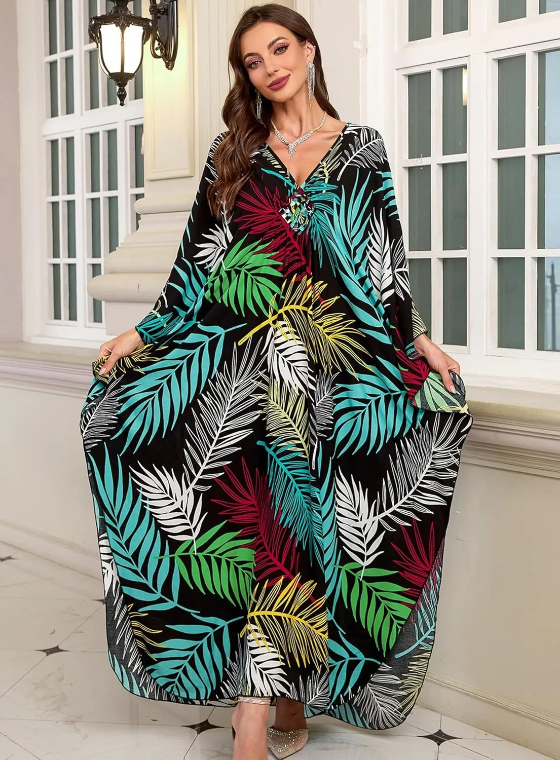 Women Kaftan Dresses Plus Size V-Neck Batwing Sleeves Beach Cover Up 2025 Summer Floral Print Caftan Dress