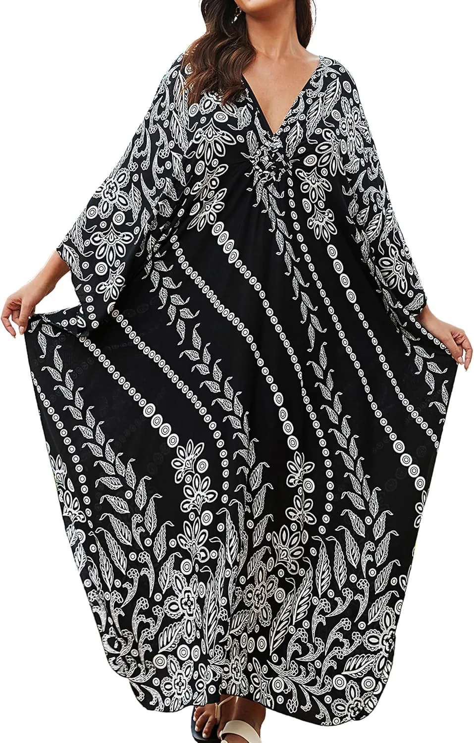 Women Kaftan Dresses Plus Size V-Neck Batwing Sleeves Beach Cover Up 2025 Summer Floral Print Caftan Dress