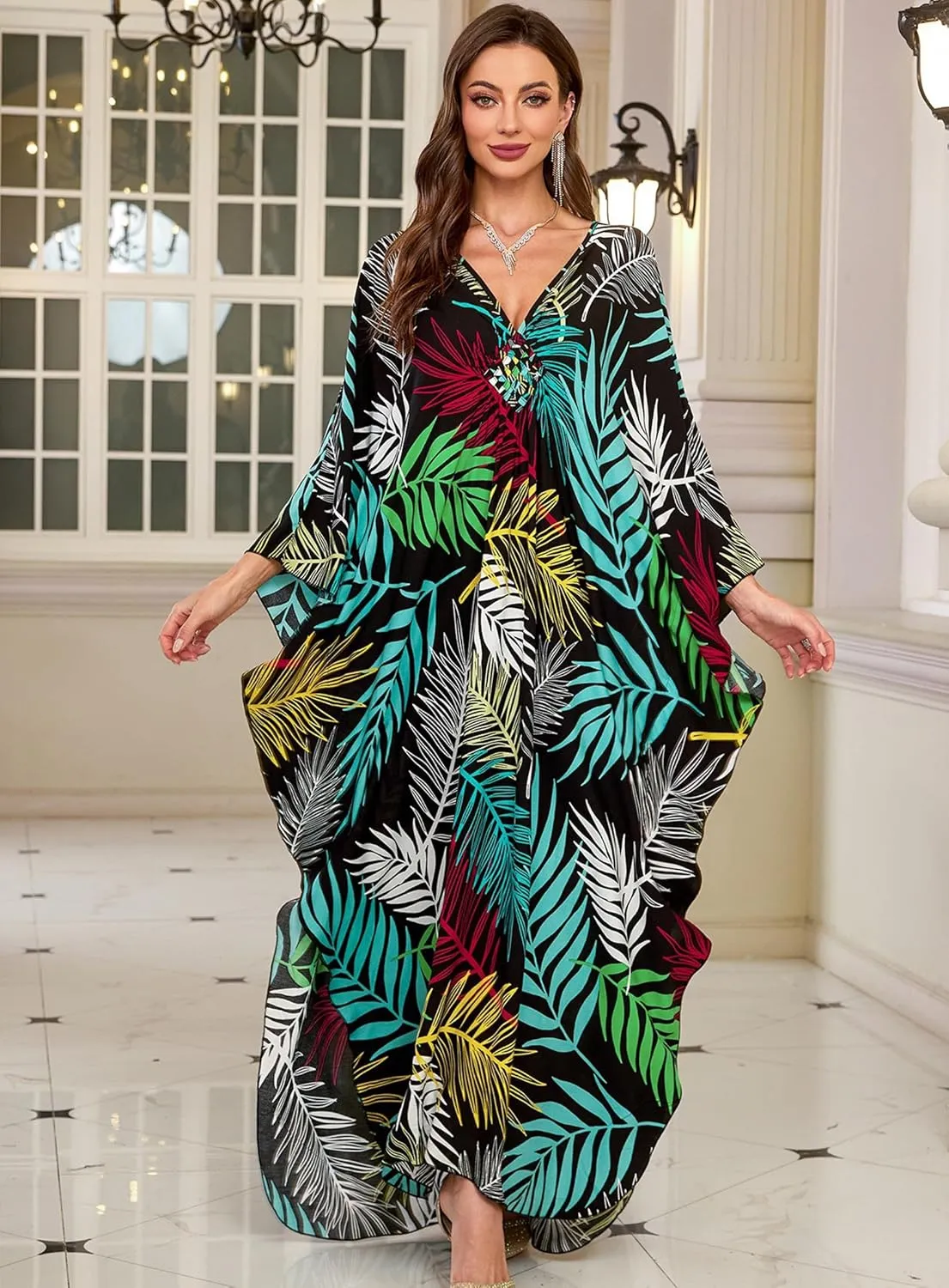 Women Kaftan Dresses Plus Size V-Neck Batwing Sleeves Beach Cover Up 2025 Summer Floral Print Caftan Dress