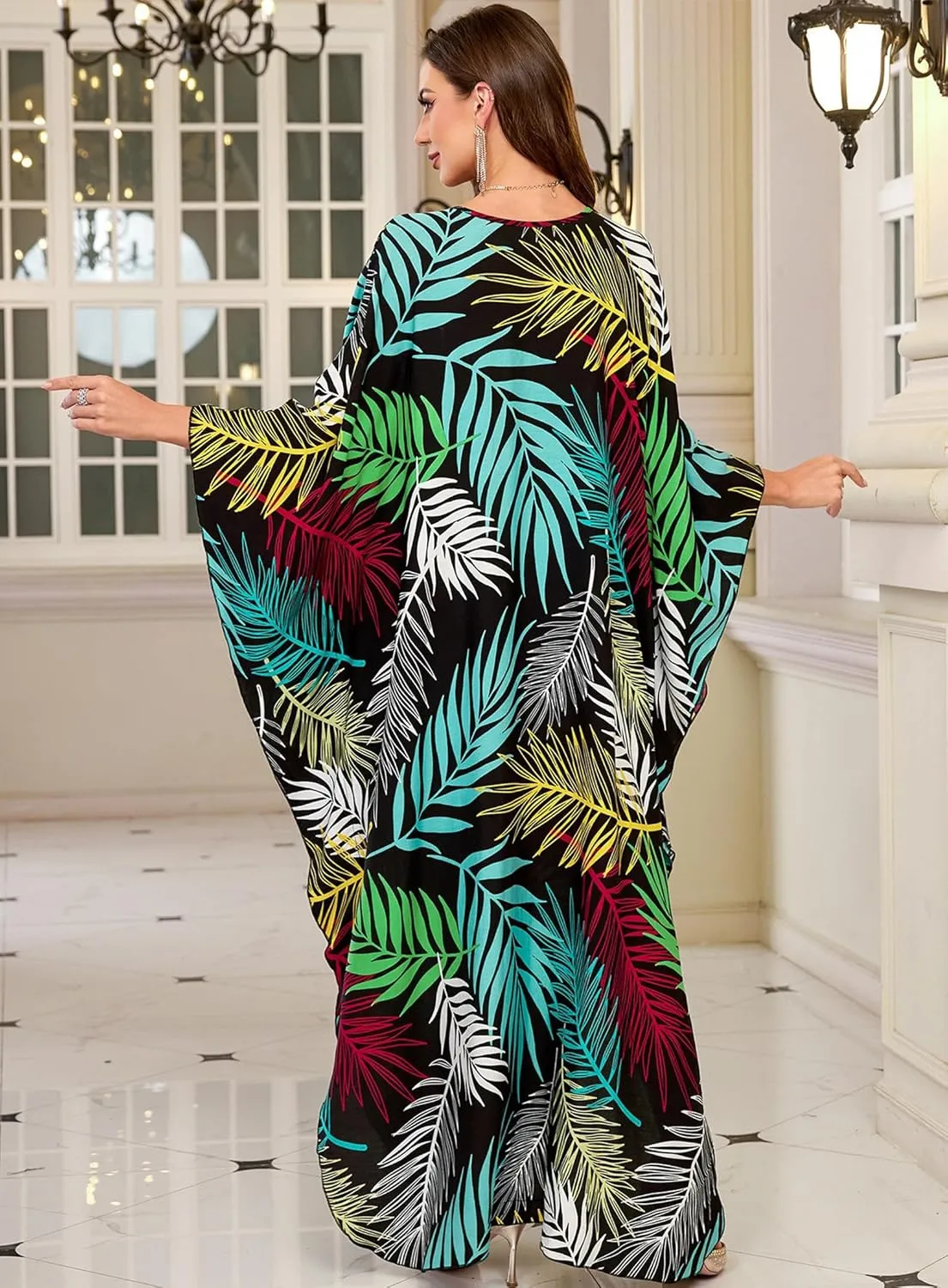 Women Kaftan Dresses Plus Size V-Neck Batwing Sleeves Beach Cover Up 2025 Summer Floral Print Caftan Dress