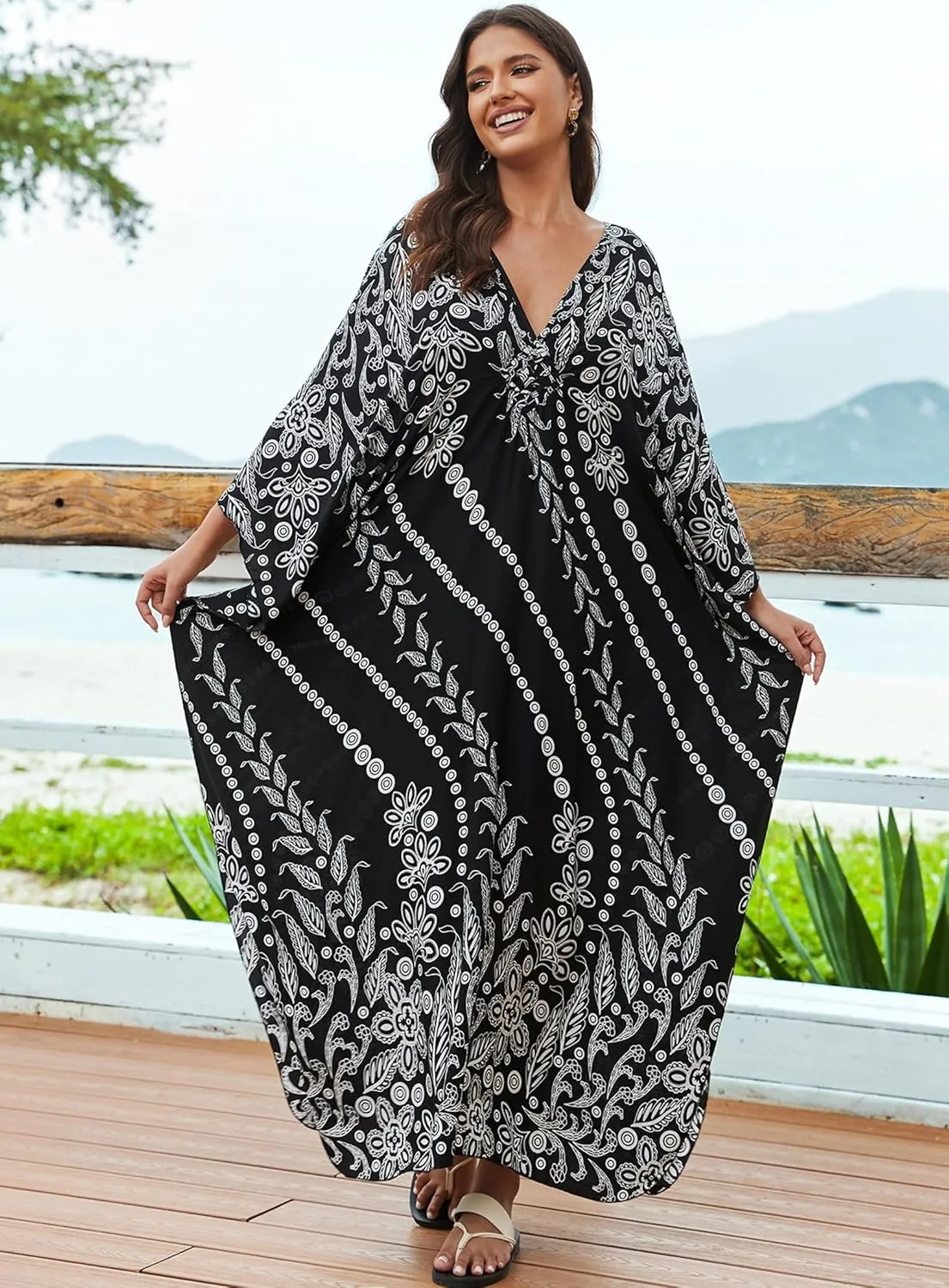 Women Kaftan Dresses Plus Size V-Neck Batwing Sleeves Beach Cover Up 2025 Summer Floral Print Caftan Dress