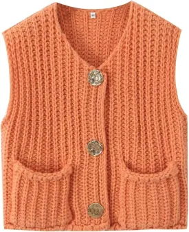 Women's Chunky Knit Vest Button Down Casual Sleeveless Cropped Crochet Sweater Cardigan with Pockets