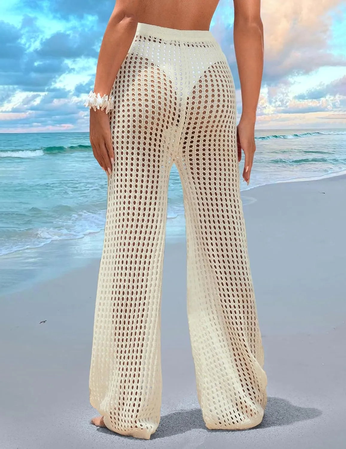 Womens Crochet Knit Elastic Waist Tie Beach Coverup Pant Summer 2025 Trendy Outfits Bathing Suit Cover Up Pants