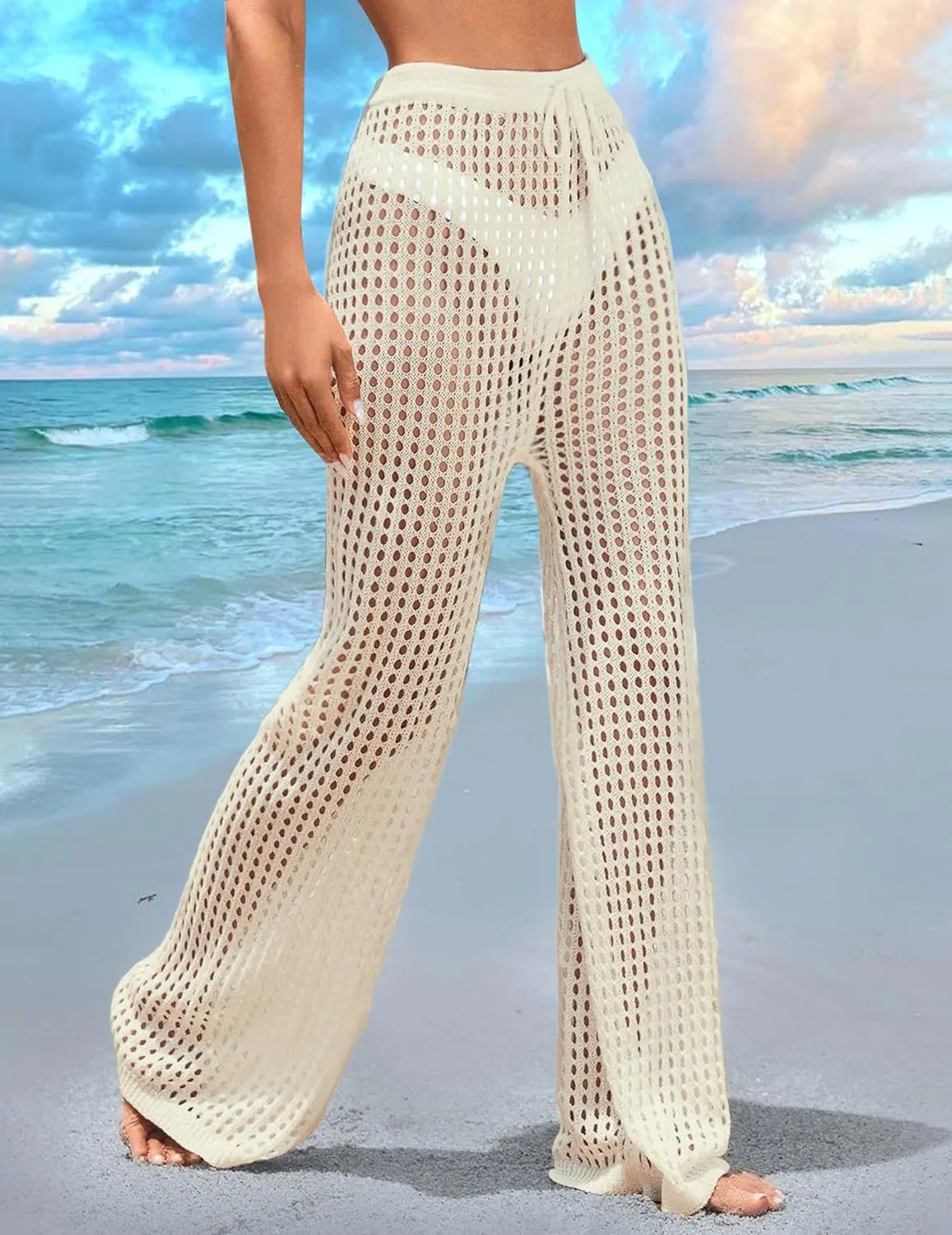 Womens Crochet Knit Elastic Waist Tie Beach Coverup Pant Summer 2025 Trendy Outfits Bathing Suit Cover Up Pants