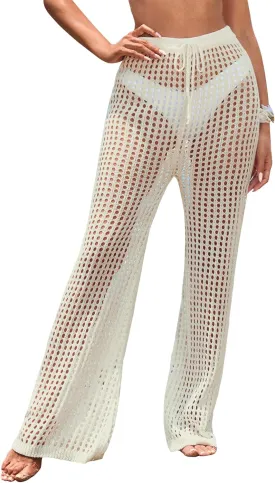 Womens Crochet Knit Elastic Waist Tie Beach Coverup Pant Summer 2025 Trendy Outfits Bathing Suit Cover Up Pants