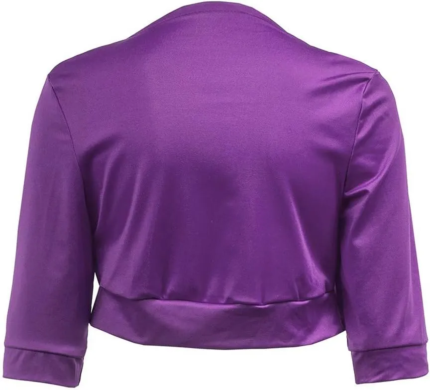 Women's Cropped Blazer Casual Business 3/4 Sleeve Collarless Open Front Cardigans Work Jacket Short Shrug for Dresses