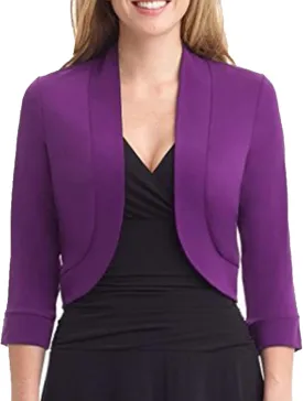Women's Cropped Blazer Casual Business 3/4 Sleeve Collarless Open Front Cardigans Work Jacket Short Shrug for Dresses