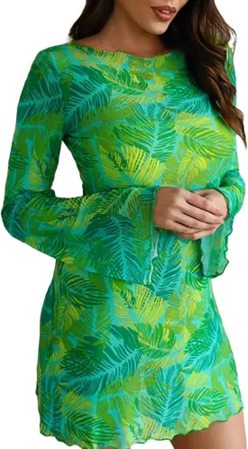 Women's Floral Mesh Mini Dress Bell Long Sleeve Boat Neck Bodycon Dresses Swimsuit Cover up Lace Bikini Bathing Suit