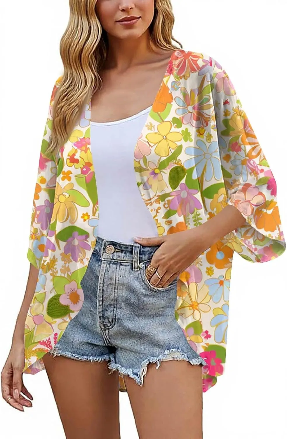 Women's Floral Print Puff Sleeve Kimono Cardigans Loose Chiffon Cardigan Beach Cover Up Open Front Blouse Tops