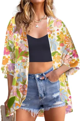 Women's Floral Print Puff Sleeve Kimono Cardigans Loose Chiffon Cardigan Beach Cover Up Open Front Blouse Tops