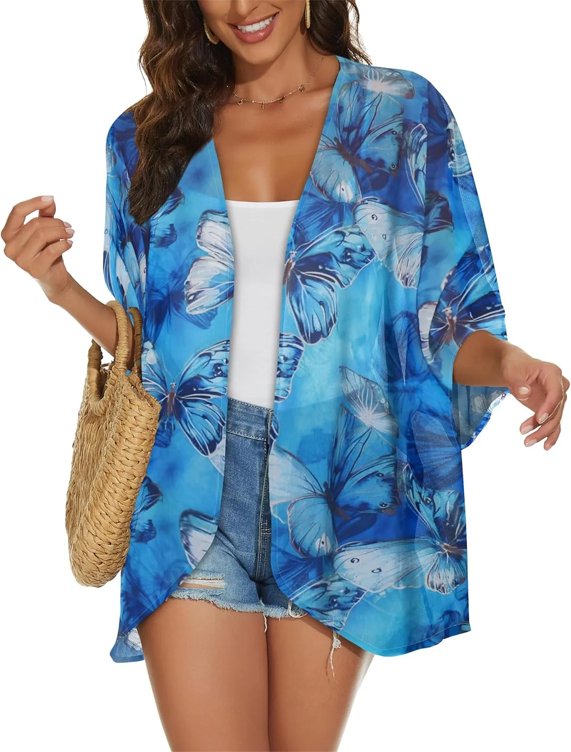 Womens Kimono Cardigans Beach Cover ups Swimwear Puff Sleeve Loose Casual Summer Tops