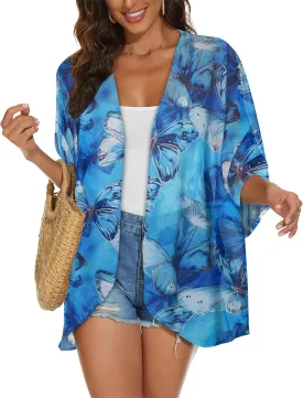 Womens Kimono Cardigans Beach Cover ups Swimwear Puff Sleeve Loose Casual Summer Tops