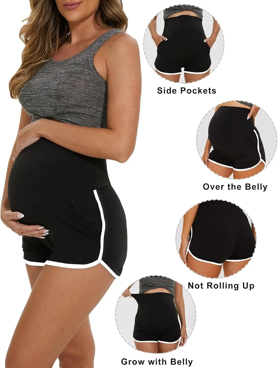 Women's Maternity Yoga Shorts Over The Belly Bump Summer Workout Running Active Short Stretch Pants with Pockets