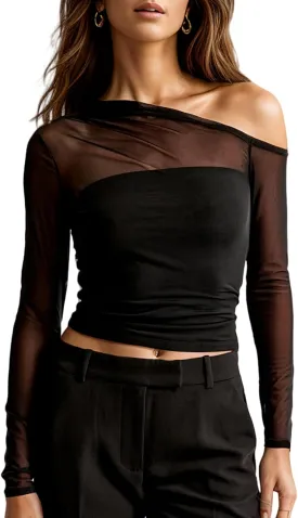 Women's Sexy Off Shoulder Tops Long Sleeve Mesh Sheer Asymmetrical T Shirt Y2K Going Out Slim Fit Blouse Tees Tops