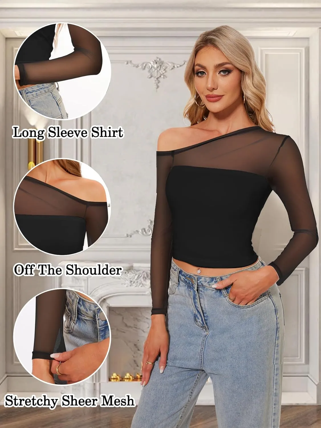 Women's Sexy Off Shoulder Tops Long Sleeve Mesh Sheer Asymmetrical T Shirt Y2K Going Out Slim Fit Blouse Tees Tops