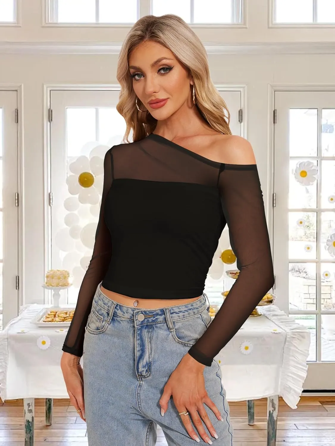 Women's Sexy Off Shoulder Tops Long Sleeve Mesh Sheer Asymmetrical T Shirt Y2K Going Out Slim Fit Blouse Tees Tops
