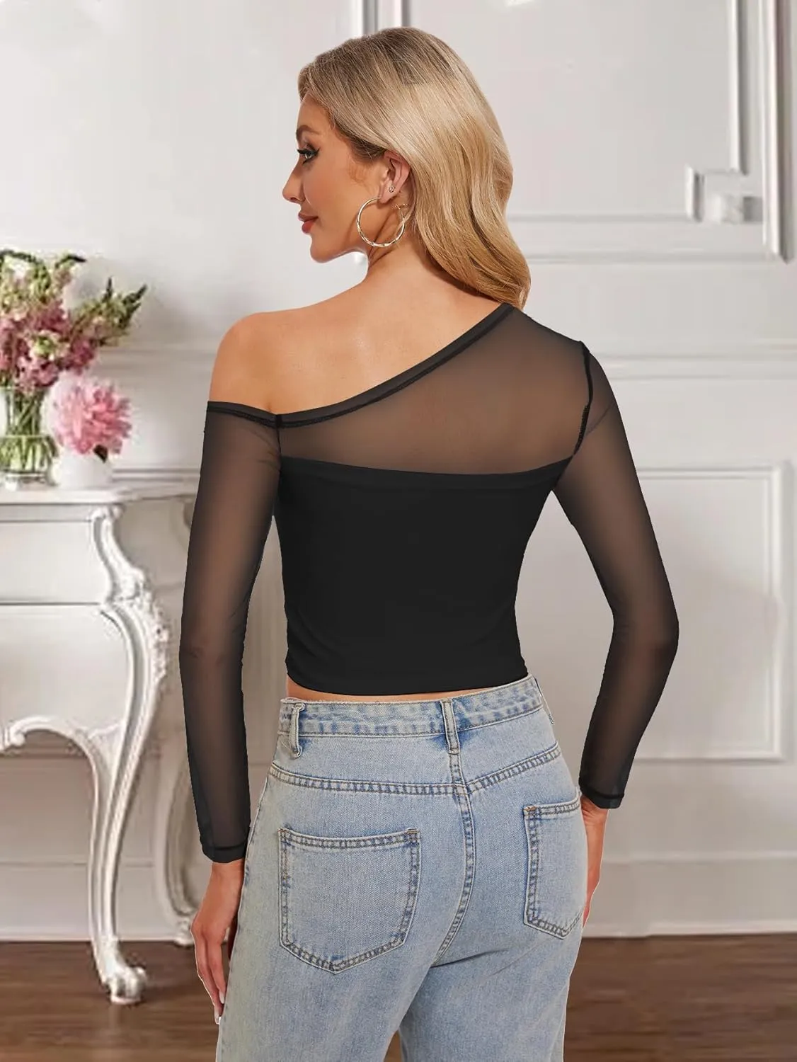 Women's Sexy Off Shoulder Tops Long Sleeve Mesh Sheer Asymmetrical T Shirt Y2K Going Out Slim Fit Blouse Tees Tops