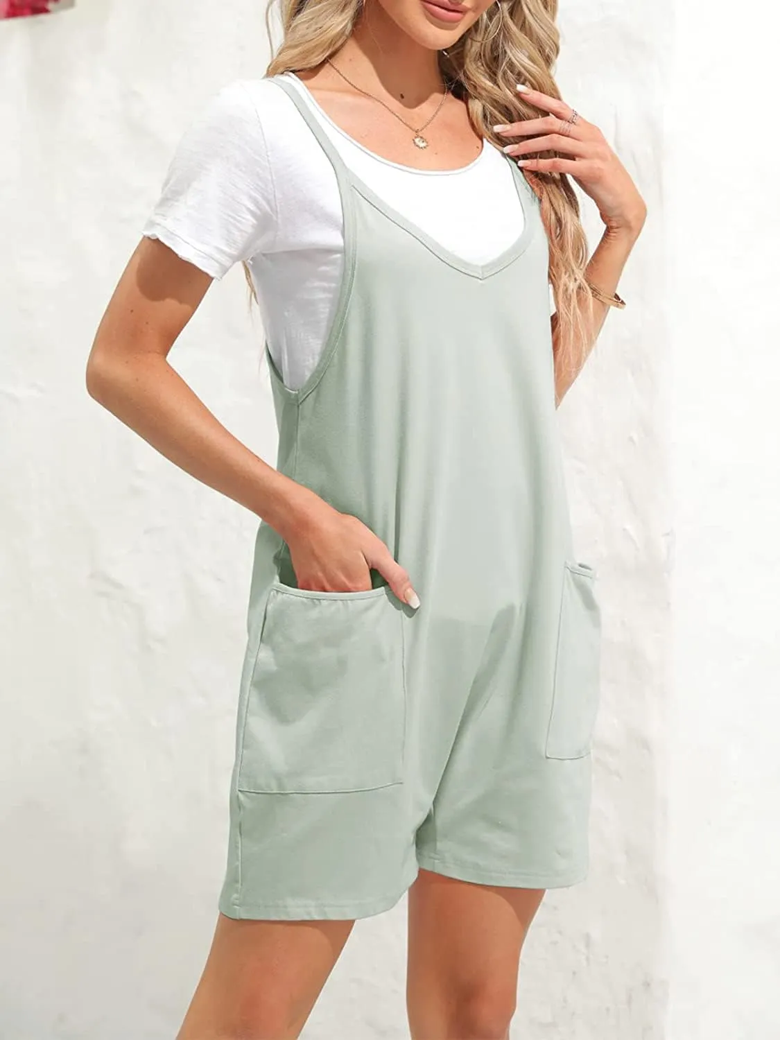 Women's Summer Casual Sleeveless Rompers Loose Fit Spaghetti Strap Shorts Jumpsuit Beach Cover Up with Pockets