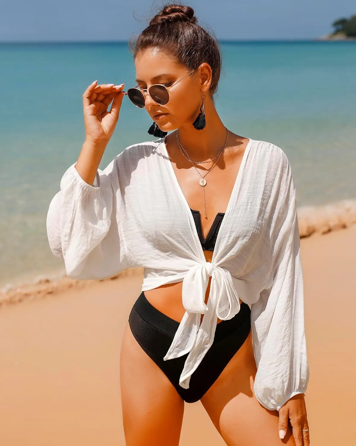 Women's Swimwear Cover Ups Tops Tunic Self-tie Swimsuit Bikini Bathing Suit Long Sleeve Soft Beach Shirt for Women