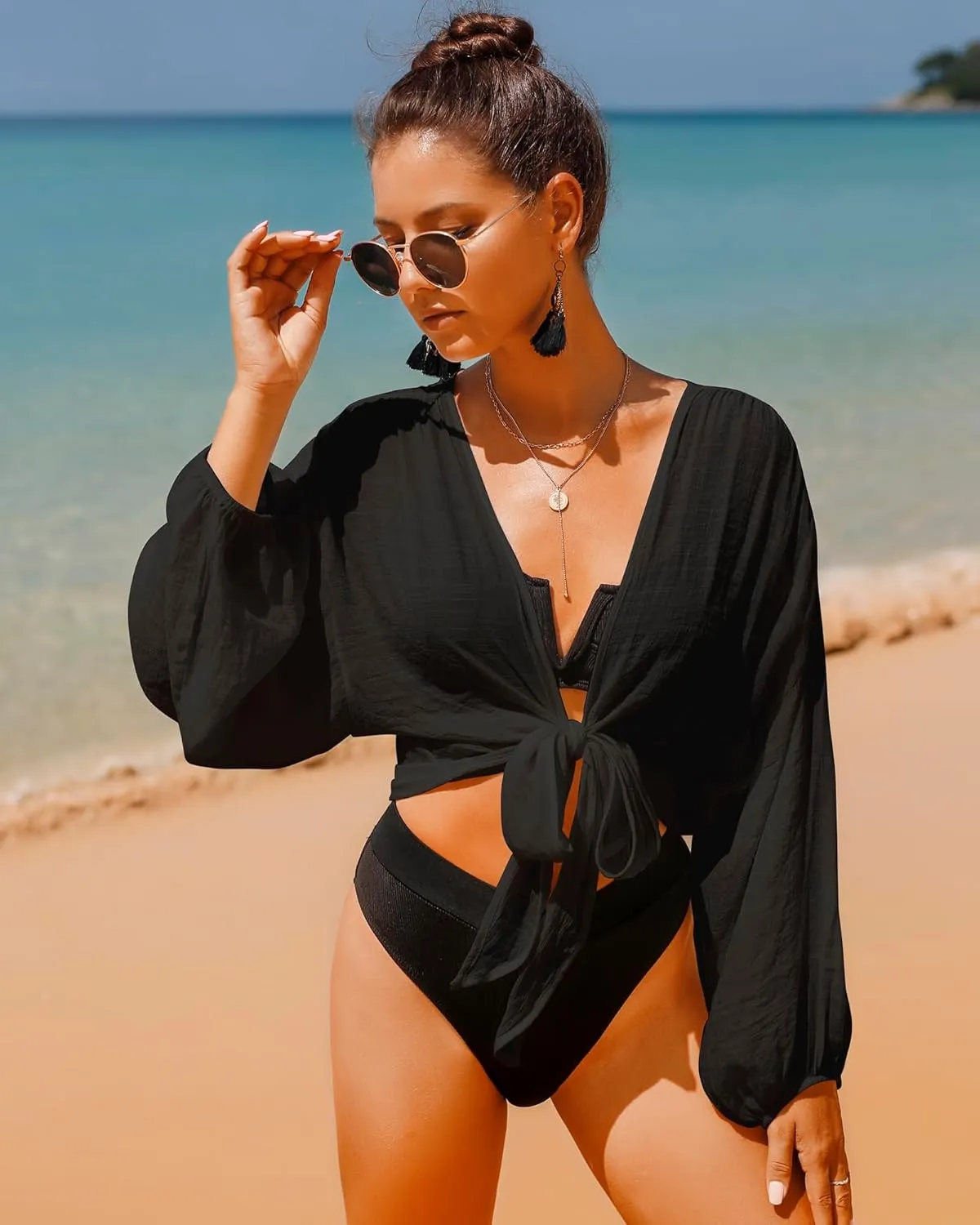 Women's Swimwear Cover Ups Tops Tunic Self-tie Swimsuit Bikini Bathing Suit Long Sleeve Soft Beach Shirt for Women