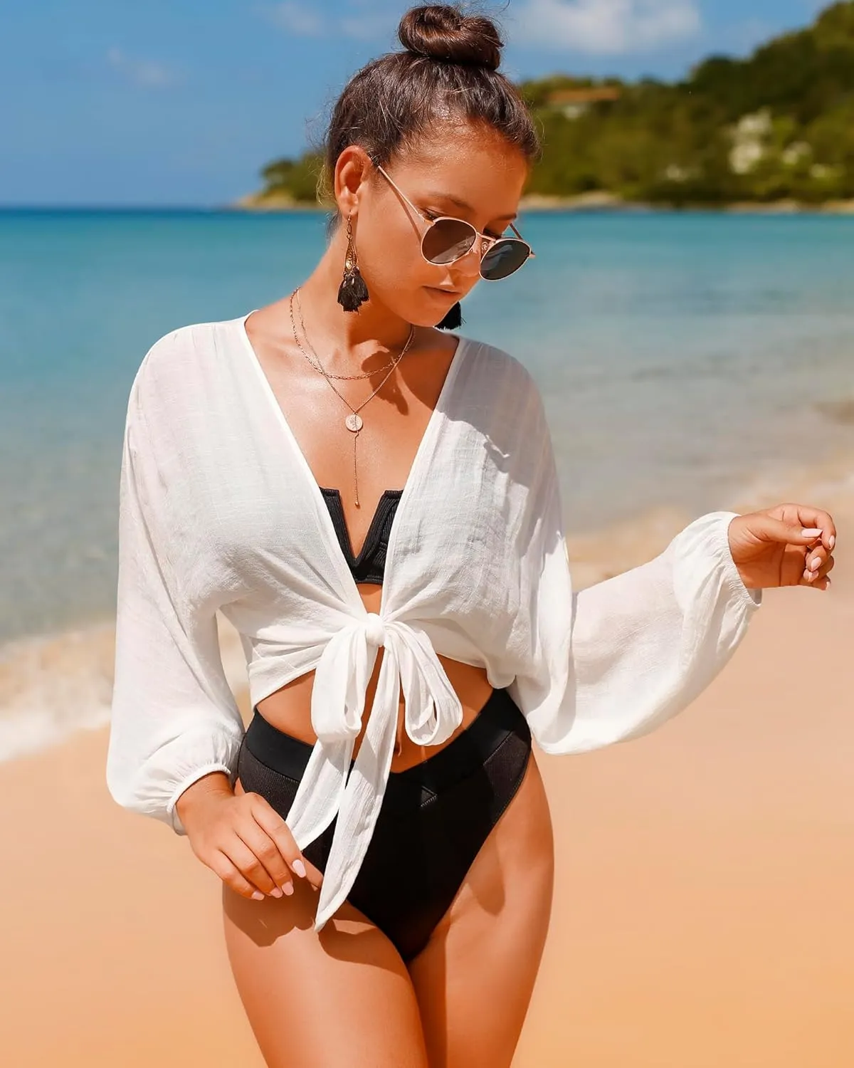 Women's Swimwear Cover Ups Tops Tunic Self-tie Swimsuit Bikini Bathing Suit Long Sleeve Soft Beach Shirt for Women