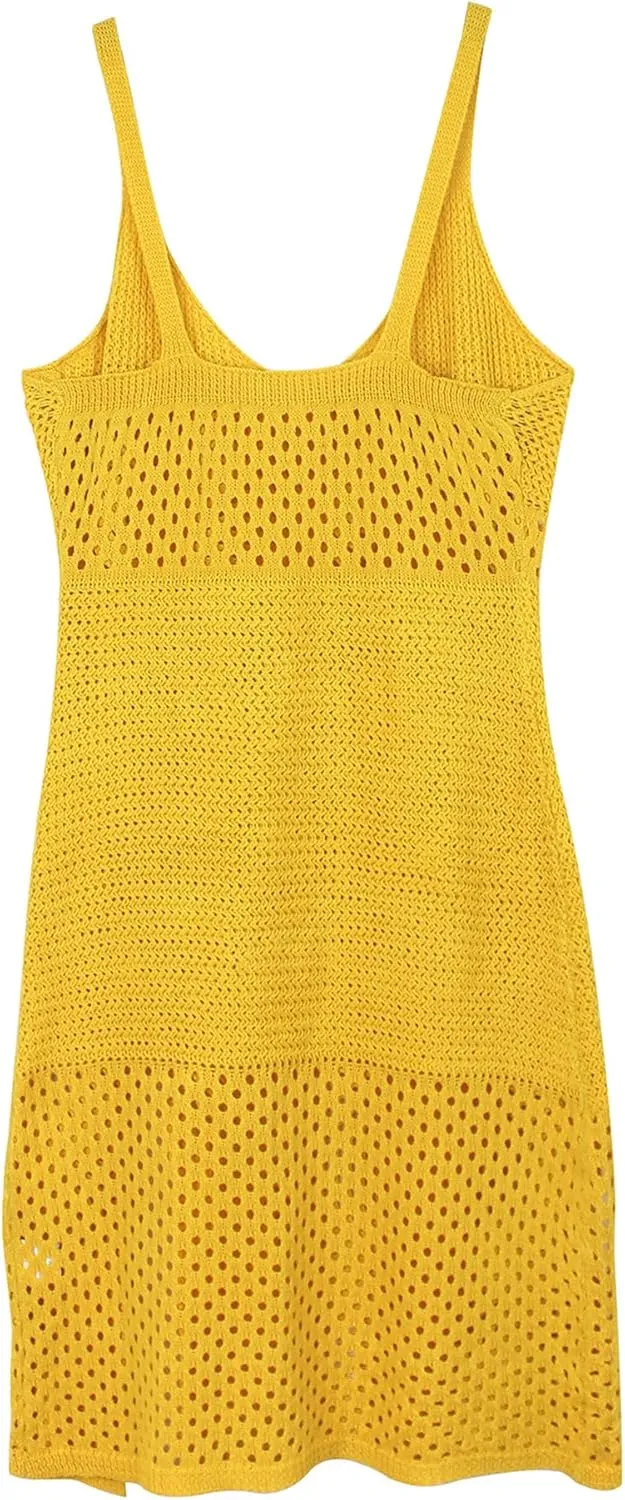 Women's V Neck Knitted Openwork Crochet Side Slit Dress Crochet Mesh Side Slit Cover Up Backless Bikini Beach Dress 2025 New