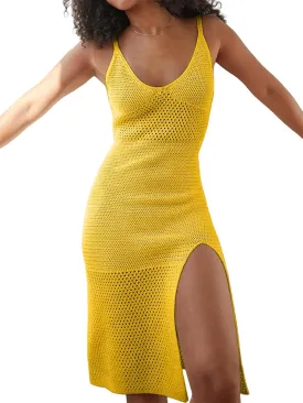 Women's V Neck Knitted Openwork Crochet Side Slit Dress Crochet Mesh Side Slit Cover Up Backless Bikini Beach Dress 2025 New